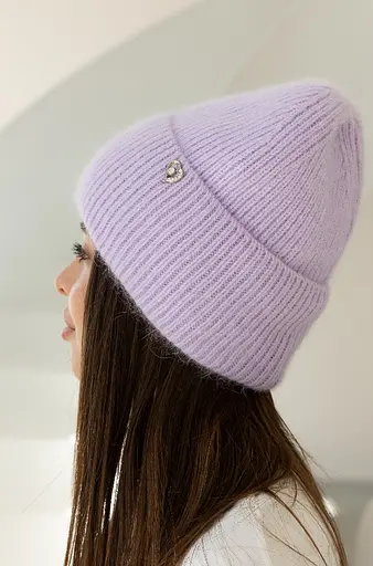 Теплая женская шапка Ангора Сердечко с флисовой подкладкой Сиреневый - фото 3