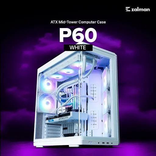 Zalman Корпус P60 без БР, 2xUSB3.0, 1x Type C, 3x120мм ARGB Reverse, 2x120мм ARGB, VGA 435мм, LCS ready, Curved Tempered Glass, Dual Chamber, ATX, білий - фото 2