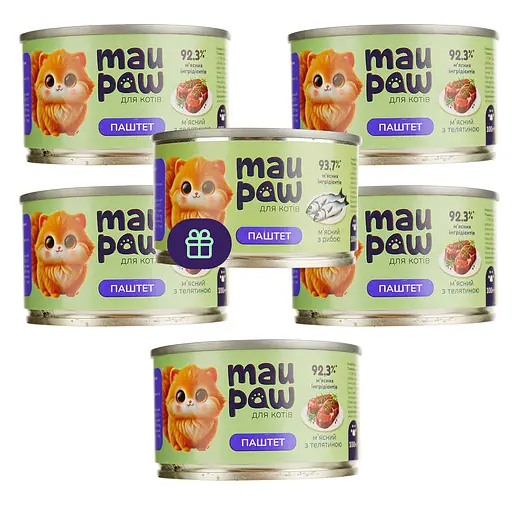 Набор влажного корма для кошек MAU PAW Паштет мясной с телятиной консервированный 5 шт. х 100 г + подарок Влажный корм для взрослых кошек MAU PAW Паштет мясной с консервированной рыбой 1 шт. х 100 г