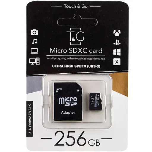 Карта пам'яті T&G microSDXC (UHS-3) 256 GB class 10 з адаптером чорна