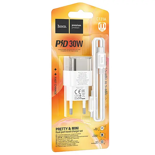 МЗП Hoco C131A Platium PD30W+QC3.0 (1USB-A/1C) + кабель Type-C to Type-C Transparent black - фото 4
