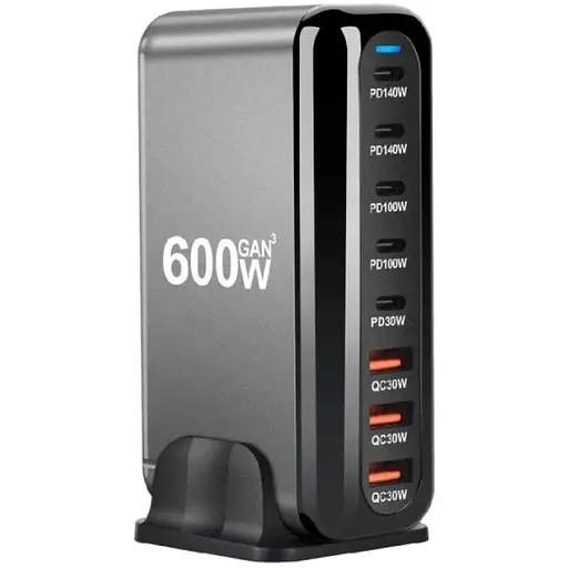 Зарядна станція ILEPO 600W багатопортова на 3 USB + 5 Type-C / мережевий мультизарядний пристрій Black (19027)