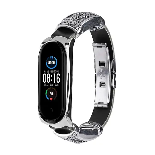 Ремешок винтажный Carprie для фитнес-браслета Xiaomi Mi Band 5 и 6 Type B Black silver - фото 2