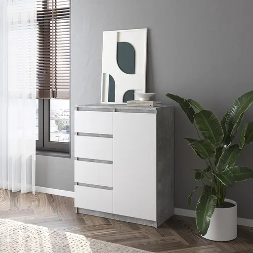 Комод Vays, современый, с полками, 4 ящика, без ручек R-32 Бетон-Белый фасад