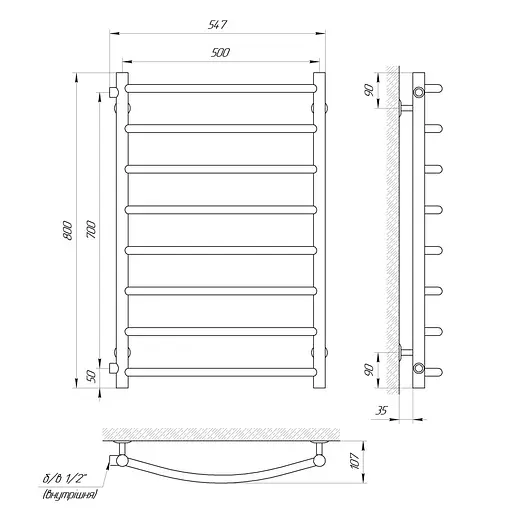 Полотенцесушитель Laris Классик П8 500x800 боковое подключение 71207284, Хром - фото 2