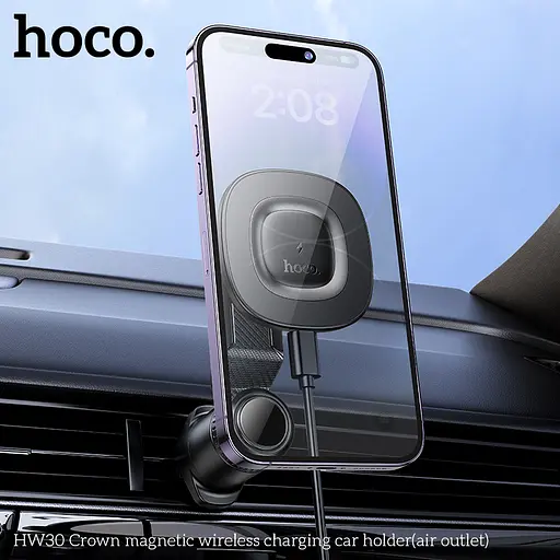 Автотримач для телефона HOCO HW30 Crown magnetic wireless charging car holder (air outlet) Black Metal Gray - фото 7
