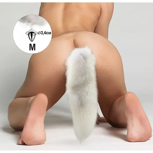 Металева анальна пробка Art of Sex з хвостом із натурального хутра Size M White fox - фото 4