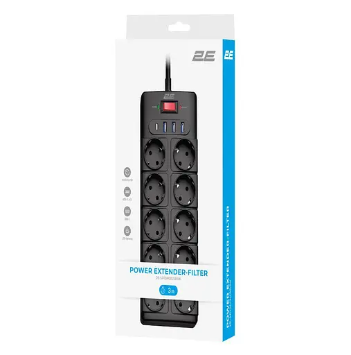 Мережевий фільтр-подовжувач 2E SP-10M-3USB-BK 3 м, 10xТипF, 16A, 3xUSB-A, 1xUSB-C - фото 7