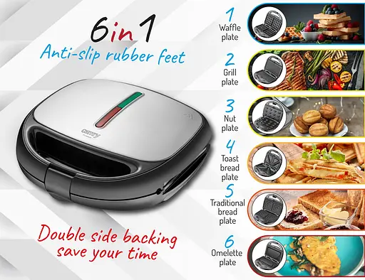 Мультимейкер Camry CR 3057 6в1/ 1200Вт/ гриль/ сендвіч/ вафлі/ горішки/ омлет/ змінні пластини/ сірий - фото 9
