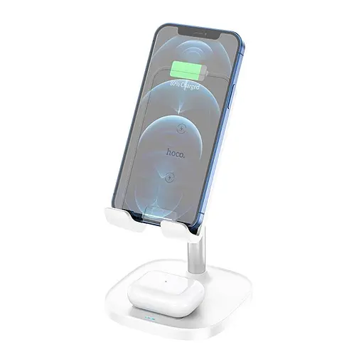 Зарядка Qi HOCO Thorough 2-in-1 stand with wireless fast charging CW37 5-15W біла - фото 3