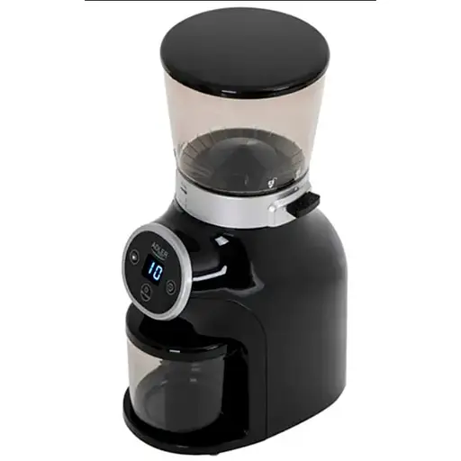 Кофемолка Adler AD 4450 Burr 300 Вт, конические металлические жернова, 31 степень помола, контейнер 300 г, таймер 25 с, черная/серебристая - фото 1