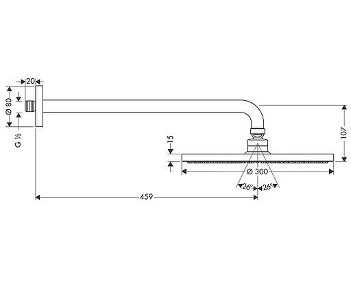 Верхний душ Hansgrohe Raindance S 300 1jet с держателем со стены 46см хром 27492000, Хром - фото 2
