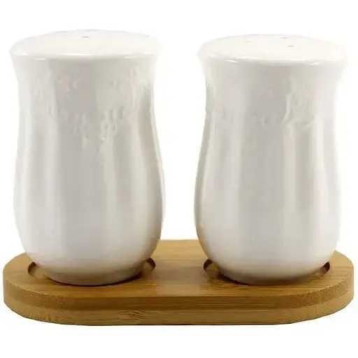 Солянка+перечниця Interos порцелянова на дерев'яній підставці PJ03146