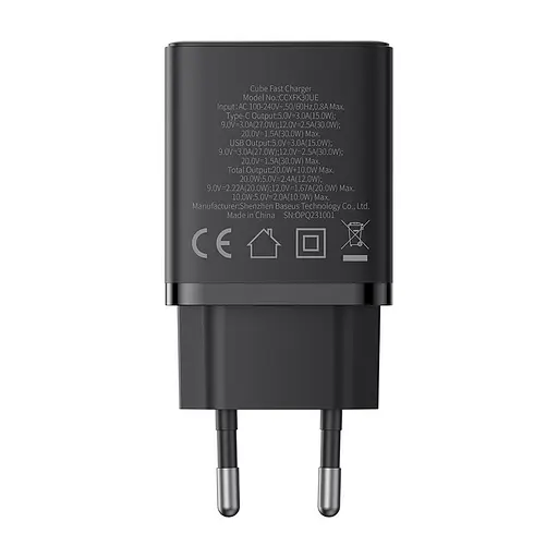 Блок живлення зарядний адаптер Baseus Cube Fast Charger 2 порти C + U 30 W (P10111404113-00) чорний - фото 5