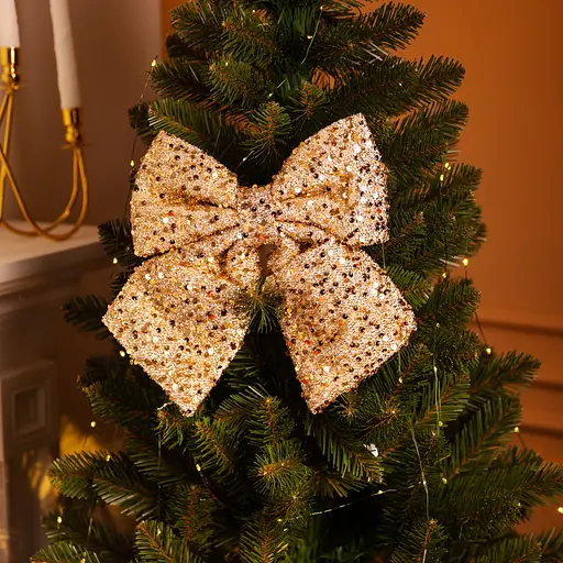 Бант новорічний для декору Yiwu з паєтками на ялинку та двері 25×35 см Золотистий CR-2-24  - фото 2