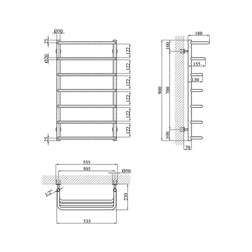 Рушникосушарка водяна Kroner Каскад скоба ДКС07 900x530/8 CV018528, Хром, нижнее - фото 2