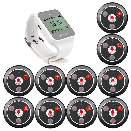 Система вызова официанта беспроводная с часами - пейджером Retekess TD108 + 10 черных кнопок (с кнопкой ЗАКАЗ) (100738)