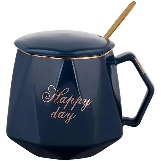 Кружка фарфоровая BonaDi Coffee Prelude Happy Day 420 мл с крышкой и ложкой синий (984-204)