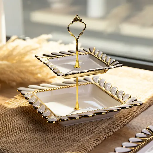 Фруктовница квадратная Yiwu Tiffany 23х23х23 см двухъярусная для сервировки фруктов и сладостей фарфоровая стойка для закусок белая ML2086 - фото 2