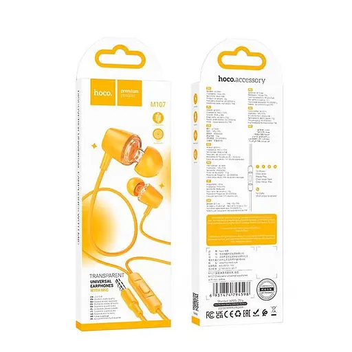 Дротові навушники Hoco M107 Discoverer універсальні earphones with mic, 3.5mm, 1.2m, yellow - фото 2