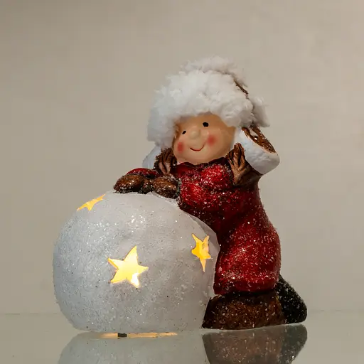Новорічна фігурка з підсвіткою Дівчинка зі сніговою кулею з фарфори 12×7×12 см Червоний Yiwu CR-5-11 - фото 2