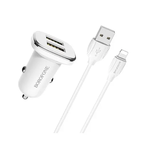 Автомобильное зарядное устройство для Borofone BZ12 2 USB белый + кабель USB to Lightning - фото 1