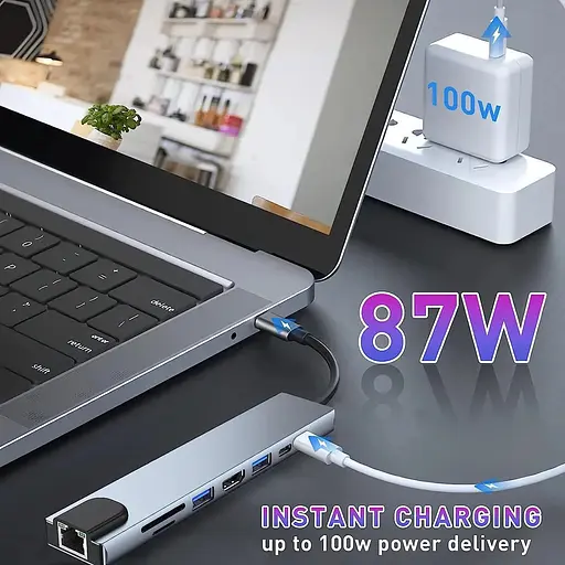 Хаб USB типа C HUB 8 in 1 PD100W 4K 30 Гц RJ45 USB 3.0 10 Гб/с - фото 8