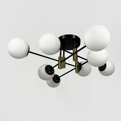 Стельова чорна люстра з латунною фурнітурою на 8 білих плафонів Ø 80 см | Line F | Арт. 81188/8 CP+BK+WT - фото 1