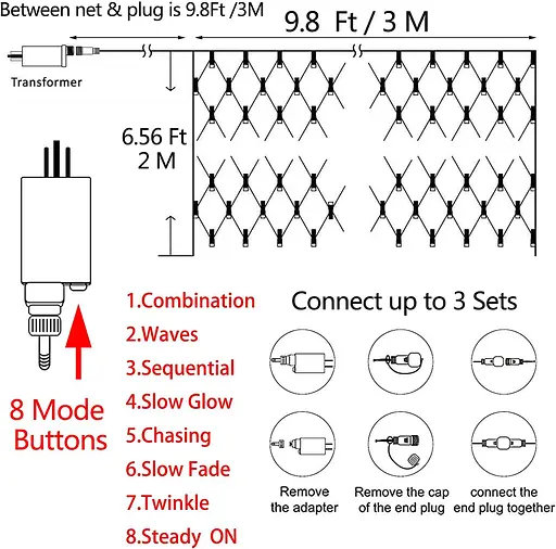 TIYUPA 3M x 2M Уличные сетчатые светильники, 204 светодиодные сказочные гирлянды - фото 2