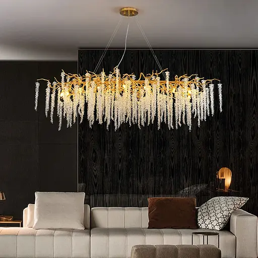 Удлиненная изысканная золотая люстра с хрустальными подвесами Line.F Длина 100 см - фото 1