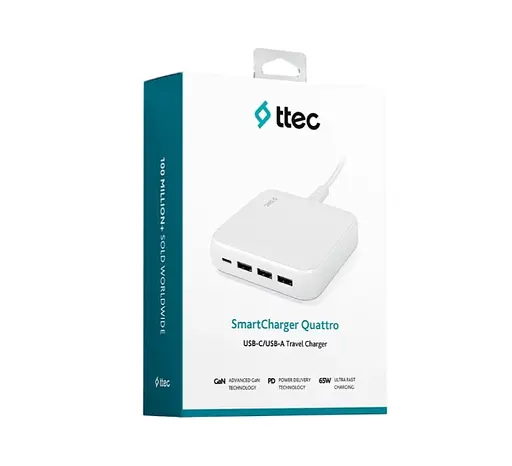 Мережевий зарядний пристрій Ttec SmartCharger Quattro GaN USB-C/USB-A 65W White 2SCG02B - фото 4