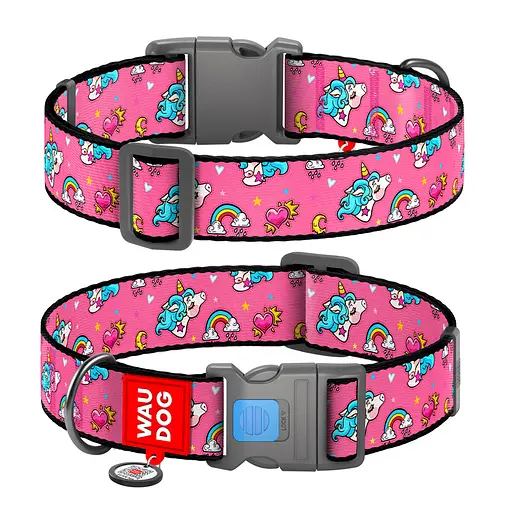 Нашийник для собак нейлоновий Waudog Nylon з QR-паспортом "Єдиноріг" пластиковий фастекс XXL Ш 35 мм Д 46-70 см