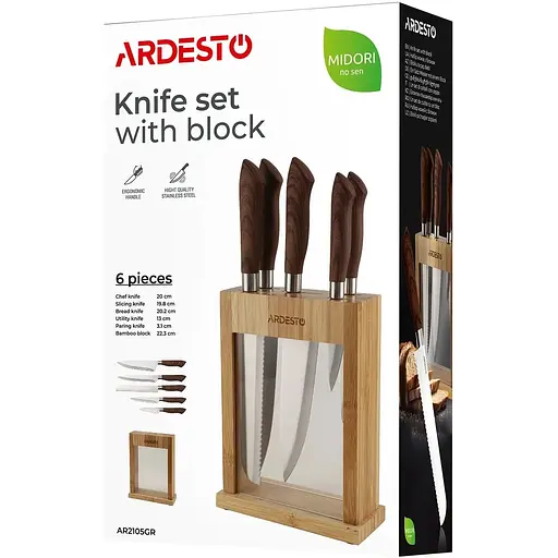 Набір ножів з бамбуковим блоком Ardesto Midori нержавіюча сталь 6 предметів коричневі (AR2105GR) - фото 10