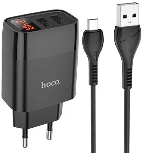 Зарядний адаптер з дисплеєм Hoco C86A Illustrious 2 порти + кабель мікросб чорний - фото 1