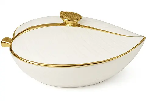 Салатница в форме листа с крышкой стильная керамическая миска Белый с золотым - фото 1