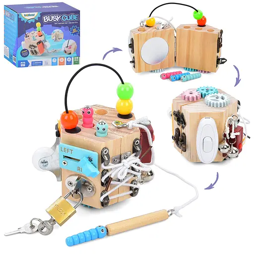 Бізікуб, вимикач, колесо, магнітна гра, дзвіночок, шнурівка