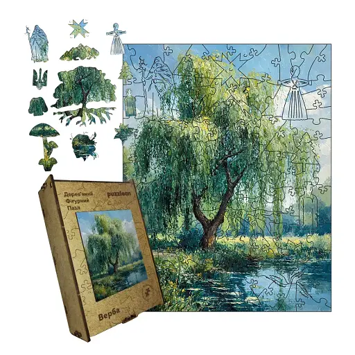 Дерев'яний фігурний пазл Верба, А5, Дерев'яна коробка 35 елементів