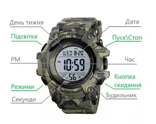 Годинник чоловічий спортивний Skmei 1552 Зелений камуфляж - фото 7
