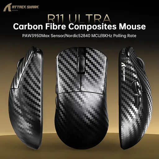 Бездротова миша ATTACK SHARK R11 ULTRA 42000 DPI, PAW3950 MAX, Carbon Shark, 8K,Чорна - фото 3