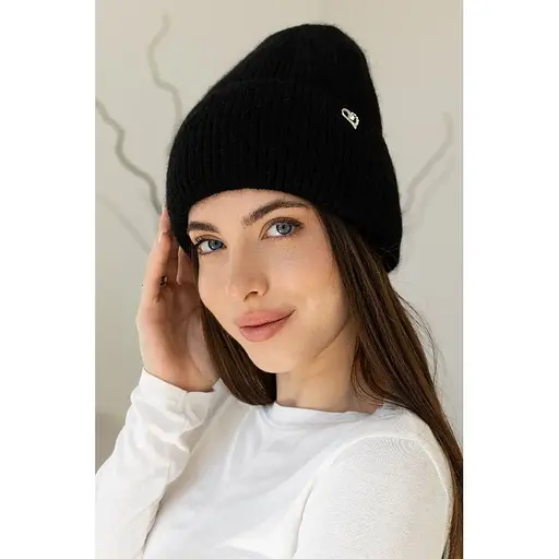 Теплая женская шапка Ангора Сердечко с флисовой подкладкой Черный - фото 1