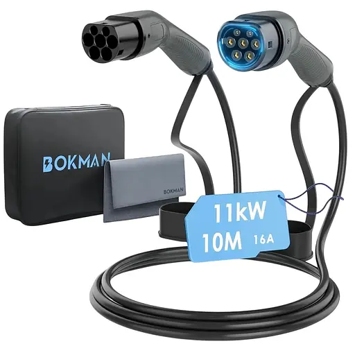 Кабель для заряджання електромобіля bokman Type 2 режим 3/16 А/11 кВт/3 фази/10 метрів