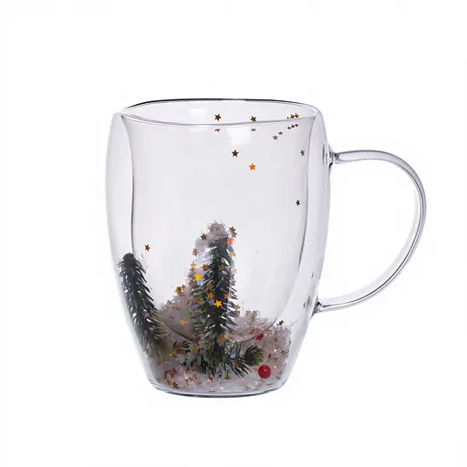 Чашка стеклянная с двойными стенками с новогодним декором 350 мл Yiwu 64486-40