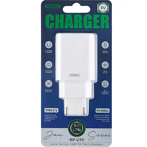 Зарядний адаптер Remax RP-U70 Швидка зарядка 20W 1xType-C PD+QC EU Білий для Iphone та Android - фото 2