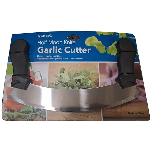 Нож Меццалуна для нарезки сыра, зелени, чеснока, пиццы, мяса с двумя пластиковыми ручками (длина лезвия 25 см), Kitchen Master Черный 86381 - фото 5