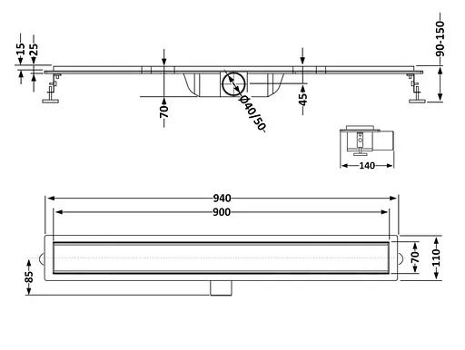 Линейный трап Qtap Taurus FA900 из нержавеющей стали, с сухим затвором QTTAUFA900 - фото 6