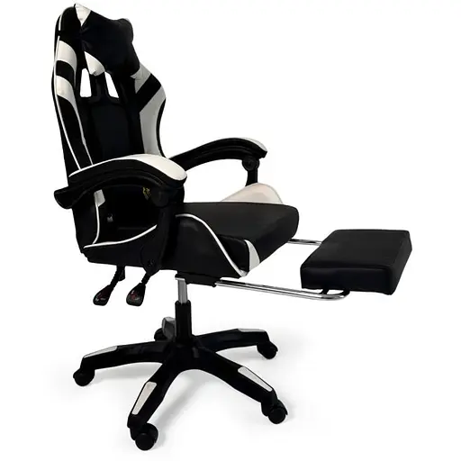 Геймерське крісло Primaveo з ергономічними подушками та висувною підставкою для ніг чорно-біле - фото 4