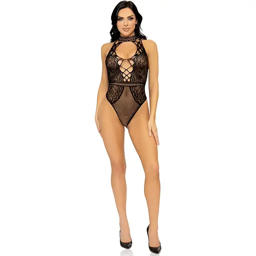 Leg Avenue Net and lace halter Bodysuit OS Black - фото 6