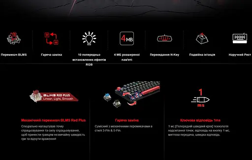 Клавиатура игровая A4Tech Bloody S-525-N BLMS Red Plus Switch USB RGB Fire Black - фото 7