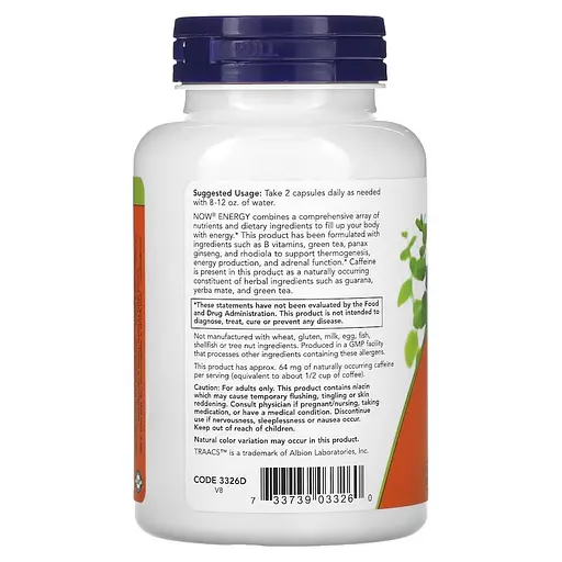 Предтренировочный комплекс NOW Energy, 90 вегакапсул - фото 3