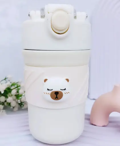 Термос детский  «Cute Bear» поилка с трубочкой нержавеющая сталь 420 мл Бежевый - фото 2